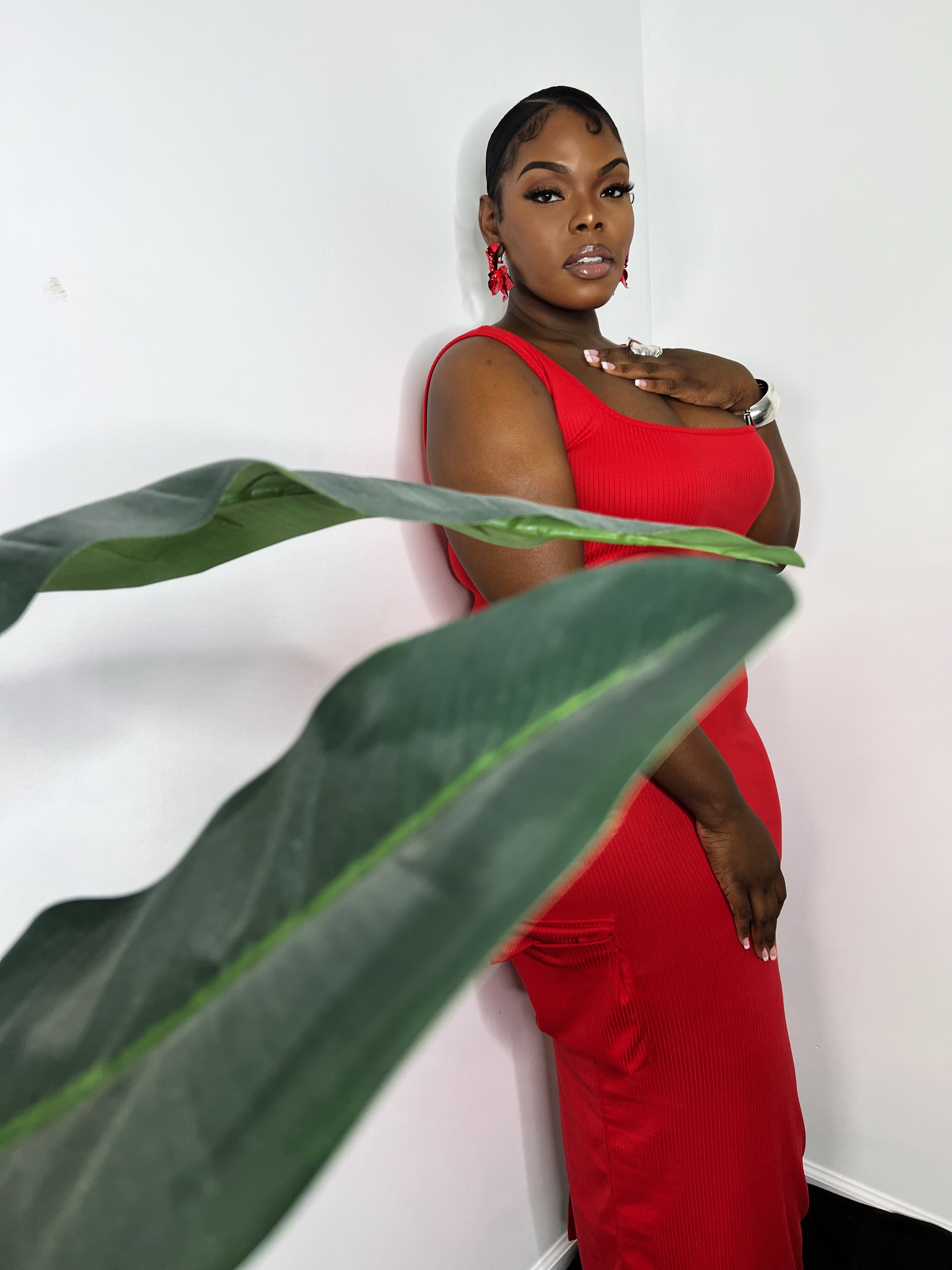 red cargo dress Tawny Strapless Cargo Zip Up Front Midi Dress