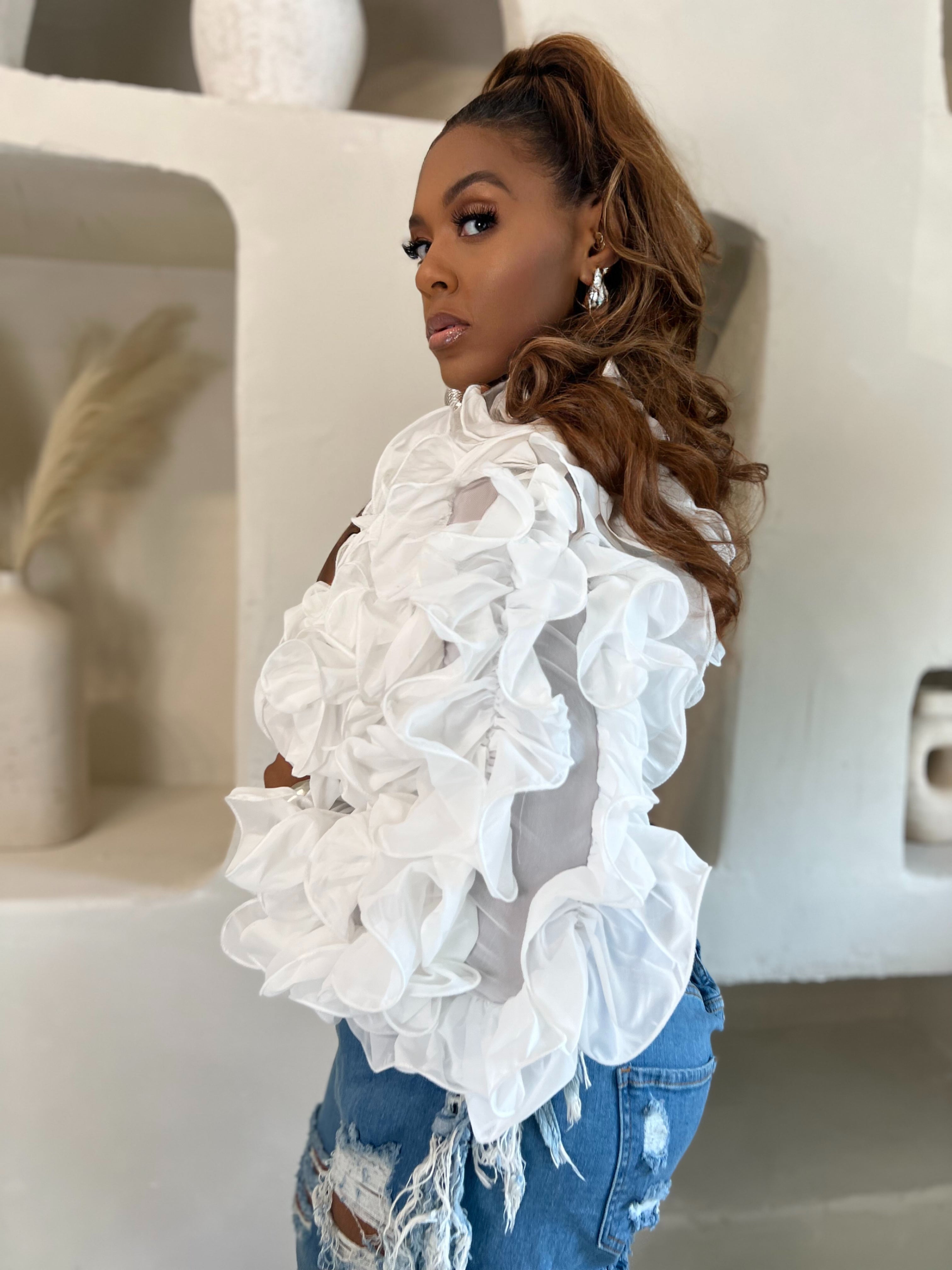 Mesh Ruffle Top Full Bloom | White Mesh Ruffle Top – Curverra